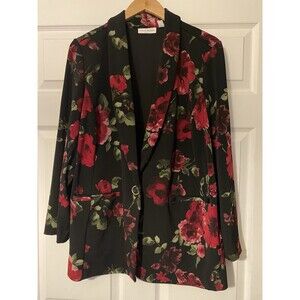 Susan Graver Black Red Floral Blazer Jacket Size 1XP Petite Rose Stretch